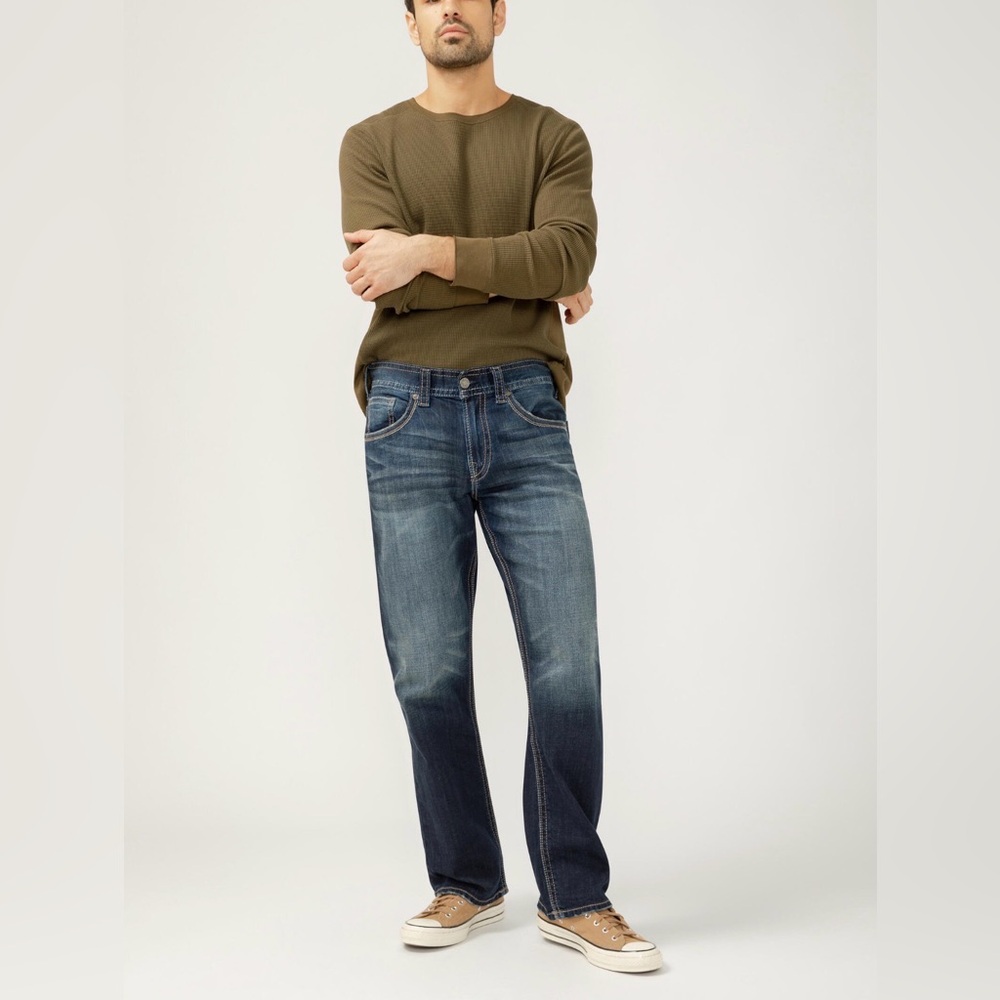 SilverJeans Men's Dark Indigo Loose Fit Straight Leg Gordie Jeans 36/34